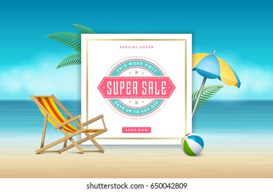 Summer sale banner online shopping on beach background. Vector illustration discount badge or label typographic design.