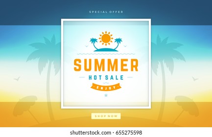 Summer sale banner online shopping on beach background. Vector illustration discount badge or label typographic design.