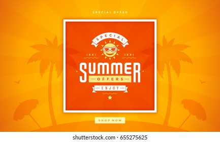 Summer sale banner online shopping on beach background. Vector illustration discount badge or label typographic design.