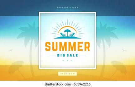 Summer sale banner online shopping on beach background vector illustration.