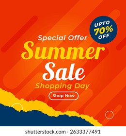 Summer Sale Banner in orange Background with up to 70% off. Special Offer. Vector. Illustration. Shop Now. Summer Sale. 70% Discount. Shopping Day.