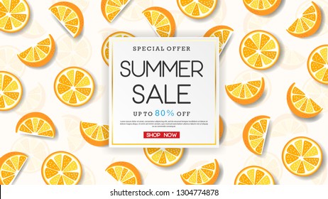 summer sale banner with orange fruit sliced pattern background. vector design for your greetings card, flyers, web banner, invitation, posters, brochure, banners, calendar, summer sale.