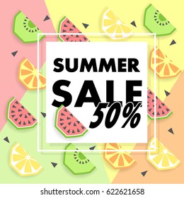 Summer sale banner with orange, lemon, kiwi and watermelon, place for text. Trendy seasonal vector background, brochure template. 