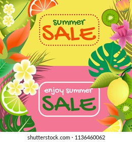 Summer sale banner with Orange, Lime and Lemon Tropical Fruits on Colorful Background. Vector Illustration.