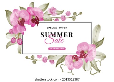 summer sale banner with Orchid pink watercolor, floral frame for wedding card