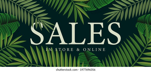 Summer sale banner with palm. Background for poster, flyer, card, postcard, cover, vector image