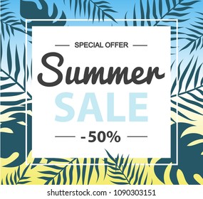 Summer sale banner. Palm leaves background. Summer sale.