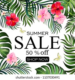 Summer sale banner with palm leaves and tropical flowers. Template for advertising. Vector illustration.