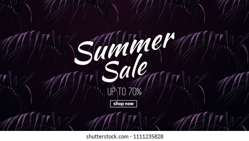 Summer sale banner with palm leaves. Abstract dark floral background. Vector illustration. Advertisement sign or brochure template