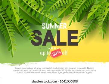 Summer sale banner with palm leaves. Paper cut design style.