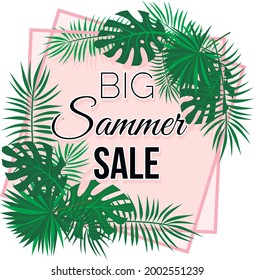 Summer sale banner with palm leaves and black lettering. Pink squares background. Vector illustration.