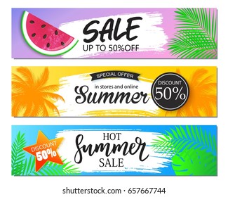 Summer sale banner with palm leaves, watermelon. Bright color wallpaper, flyer, brochure or  voucher discount.