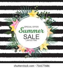 Summer Sale Banner with  Palm and other Leaves and Lily Flowers. Cute Natural Background Vector Illustration EPS10