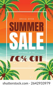 Summer Sale Banner with Palm Trees Flat Vector Illustration.