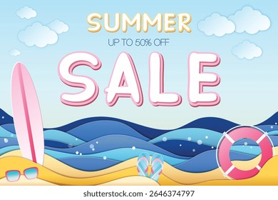 Summer sale banner in paper craft style featuring Summer sale and 50% off inscription, sea, beach, surfboard, life ring, flip flops, sunglasses and clouds. Vector EPS, layered, eazy to edit