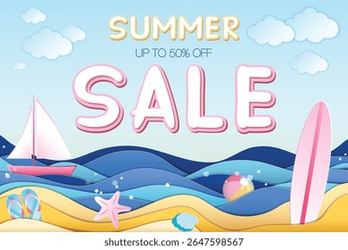 Summer sale banner in paper craft style featuring Summer sale and 50% off inscription, sea, beach, surfboard, ship, flip flops, shell, ball, starfish and clouds. Vector EPS, eazy to edit