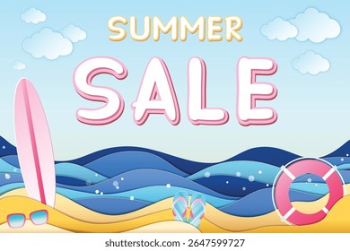 Summer sale banner in paper craft style featuring Summer sale inscription, sea, beach, surfboard, life ring, flip flops, sunglasses and clouds. Vector EPS, layered, eazy to edit