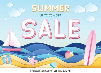 Summer sale banner in paper craft style featuring Summer sale and 50% off inscription, sea, beach, surfboard, ship, flip flops, shell, ball, starfish and clouds. Vector EPS, eazy to edit
