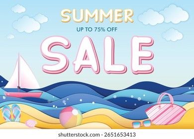Summer sale banner in paper craft style featuring Summer sale and 75% off inscription, sea, beach, beach bag, ship, flip flops, shell, ball, sunglasses and clouds. Vector EPS, eazy to edit
