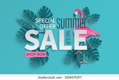 Summer sale banner with paper cut flamingo and tropical leaves background, exotic floral design for banner, flyer, invitation, poster, web site or greeting card. Paper cut style, vector illustration - Shutterstock ID 1034479297