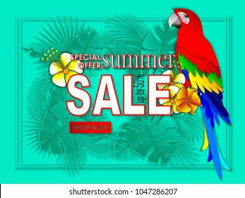 Summer sale banner with paper cut parrot and tropical flowers and leaves background, exotic design for banner, flyer, invitation, poster, web site, greeting card. Vector illustration, paper cut style