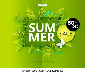 Summer sale banner with paper cut out leaves on green background, natural floral design for flyer, invitation, poster, web site, label. Paper art style, vector illustration