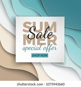 Summer sale banner with paper cut frame on blue sea and beach summer background with curve paper waves and seacoast for banner, flyer, poster or web site design. Paper cut style, vector illustration