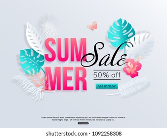 Summer sale banner with paper cut tropical palm leaves, butterfly. Origami style vector illustration.