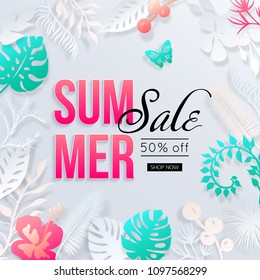 Summer sale banner with paper cut tropical palm leaves, butterfly. Origami style vector illustration.