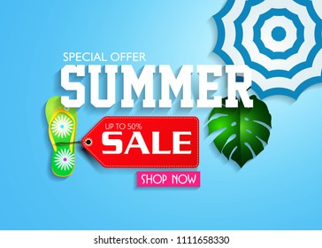 Summer sale banner with paper cut style design  for banner, flyer, invitation, poster, web site or greeting card.