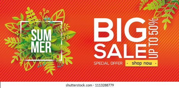 Summer sale banner with paper cut green leaves background, floral design for banner, flyer, invitation, poster, web site. Paper art cut out style, vector illustration