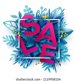 Summer sale banner with paper cut blue leaves. Floral background, frame concept for banner, flyer, invitation, poster, web site. Paper art cut out style, vector illustration. Bright material design