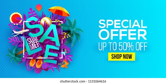 Summer sale banner with paper cut leaves, palms, airplane, sun, ball, waves. Symbol concept for paradise, resort and tourists banner, flyer, poster, web site. Paper art cut out, vector illustration