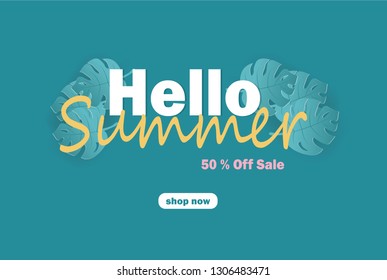 Summer sale banner with paper cut, tropical leaves background, exotic floral design for banner, flyer, invitation, poster, web site or greeting card. Paper cut style, vector illustration