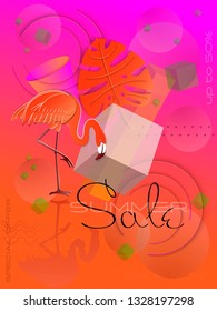Summer sale banner with paper cut flamingo and tropical leave and geometric figures. Summer futuristic background, collage. disign for banner, flyer, invitation, poster, web site or greeting card.