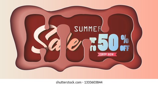 Summer sale banner with paper cut, flyer, invitation, poster, website or greeting card. Paper cut style, vector illustration.