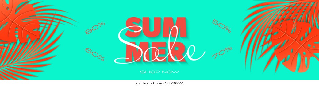 Summer sale banner with paper cut tropical leaves. Tropical background, exotic floral design for banner, flyer, invitation, poster, web site or greeting card. Paper cut style, 3D vector illustration
