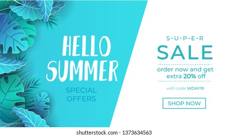 Summer sale banner with paper cut tropical leaves. Exotic design concept for web, banners, invitations etc. Trendy summer background. Vector illustration