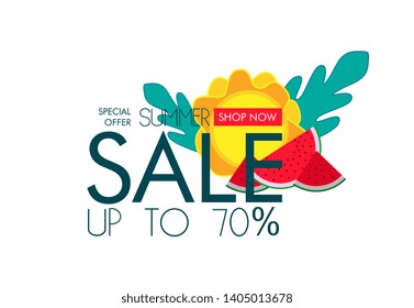 Summer sale banner with paper cut watermelon and tropical leaves background, exotic floral design for banner, flyer, invitation, poster, web site or greeting card.