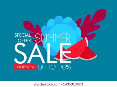 Summer sale banner with paper cut watermelon and tropical leaves background, exotic floral design for banner, flyer, invitation, poster, web site or greeting card.