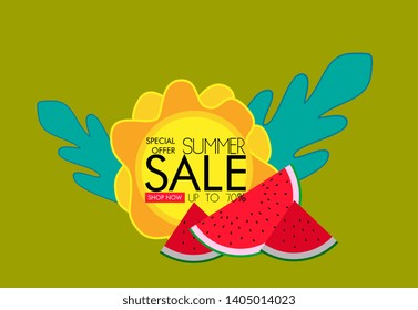 Summer sale banner with paper cut watermelon and tropical leaves background, exotic floral design for banner, flyer, invitation, poster, web site or greeting card.