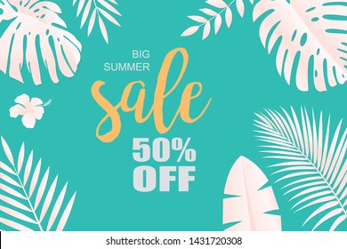 Summer sale banner with paper cut frame and tropical plants on green background - Web banner template design for beauty