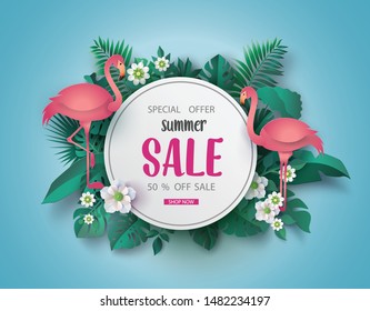 Summer sale banner paper cut  with flamingo and tropical leaves background