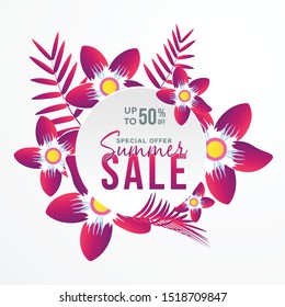 Summer sale banner with paper cut flamingo and tropical leaves background, exotic floral design for banner, flyer, invitation, poster, web site or greeting card. Paper cut style, vector illustration -