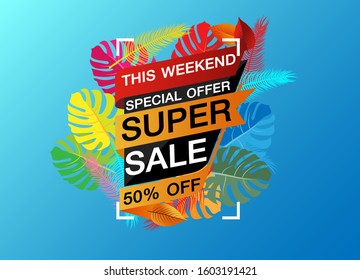 Summer sale banner with paper cut flamingo and tropical leaves background, exotic floral design for banner, flyer, invitation, poster, web site or greeting card. Paper cut style, vector illustration
