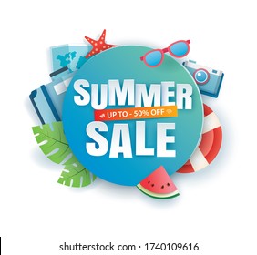 Summer sale banner paper cut template. Blue abstract geometric. Use for poster, sticker, badge, ads, tag.