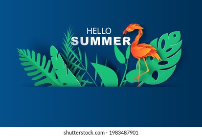 Summer sale banner with paper cut flamingo and tropical leaves on blue background. exotic floral design for banner and cover web, flyer, invitation, poster or greeting card. Paper cut style. vector