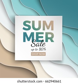 Summer sale banner with paper cut frame on blue sea and beach summer background with curve paper waves and seacoast for banner, flyer, poster or web site design. Paper cut style, vector illustration