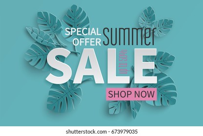 Summer sale banner with paper cut tropical leaves background, exotic floral design for banner, flyer, invitation, poster, web site or greeting card. Paper cut style, vector illustration