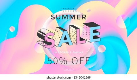 Summer sale banner with pastel colors and gradient shape. Trendy pop art background. Vector